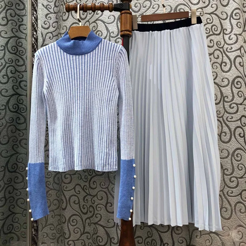 Высококачественные Дизайнерские комплекты одежды, осенний свитер, костюм для женщин, вышивка бисером, пуговицы, длинный рукав, пуловеры+ плиссированная длинная юбка, комплект из 2 предметов