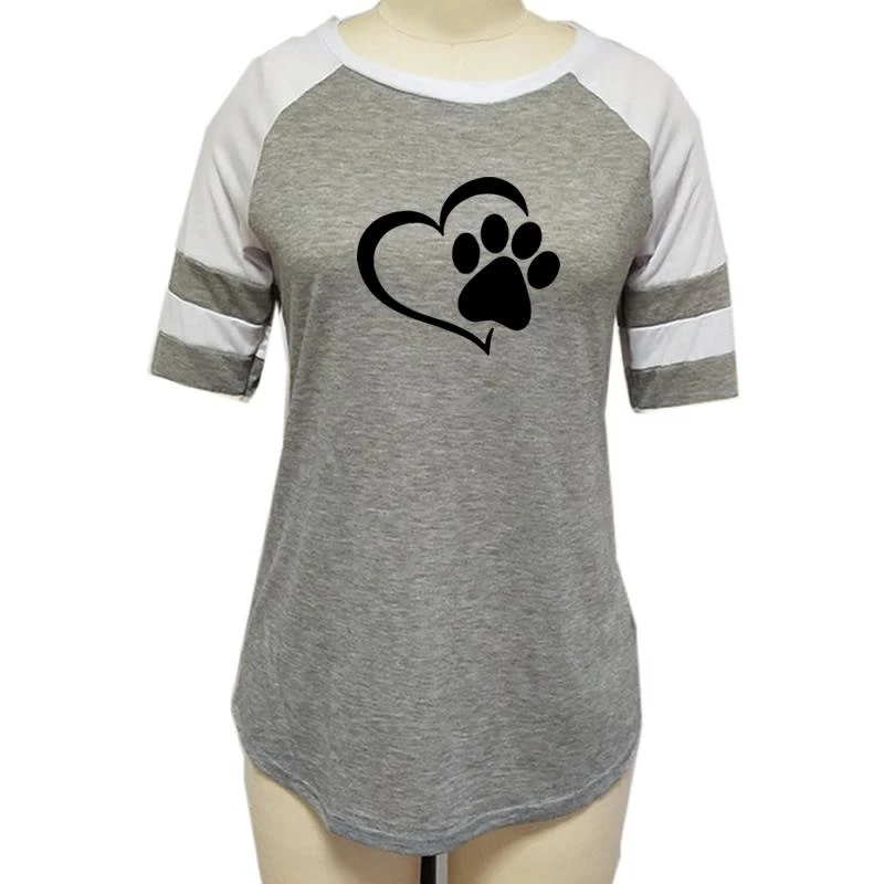 New Fashion Love Dog Paw Print Top Shirt Women Plus Size Raglan Pink T-shirt Tumblr Cropped Cute