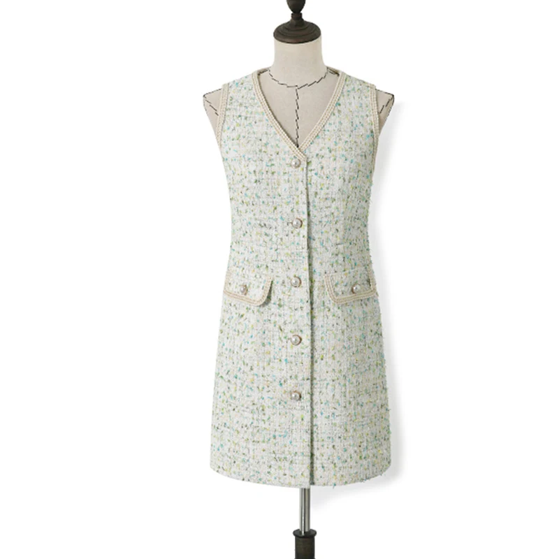 

Tweed Dress Elegant 2020 Spring/Summer New Style V-neck Tweed Vest Dress- Style Street Office Ladies Slim One-Piece Dress