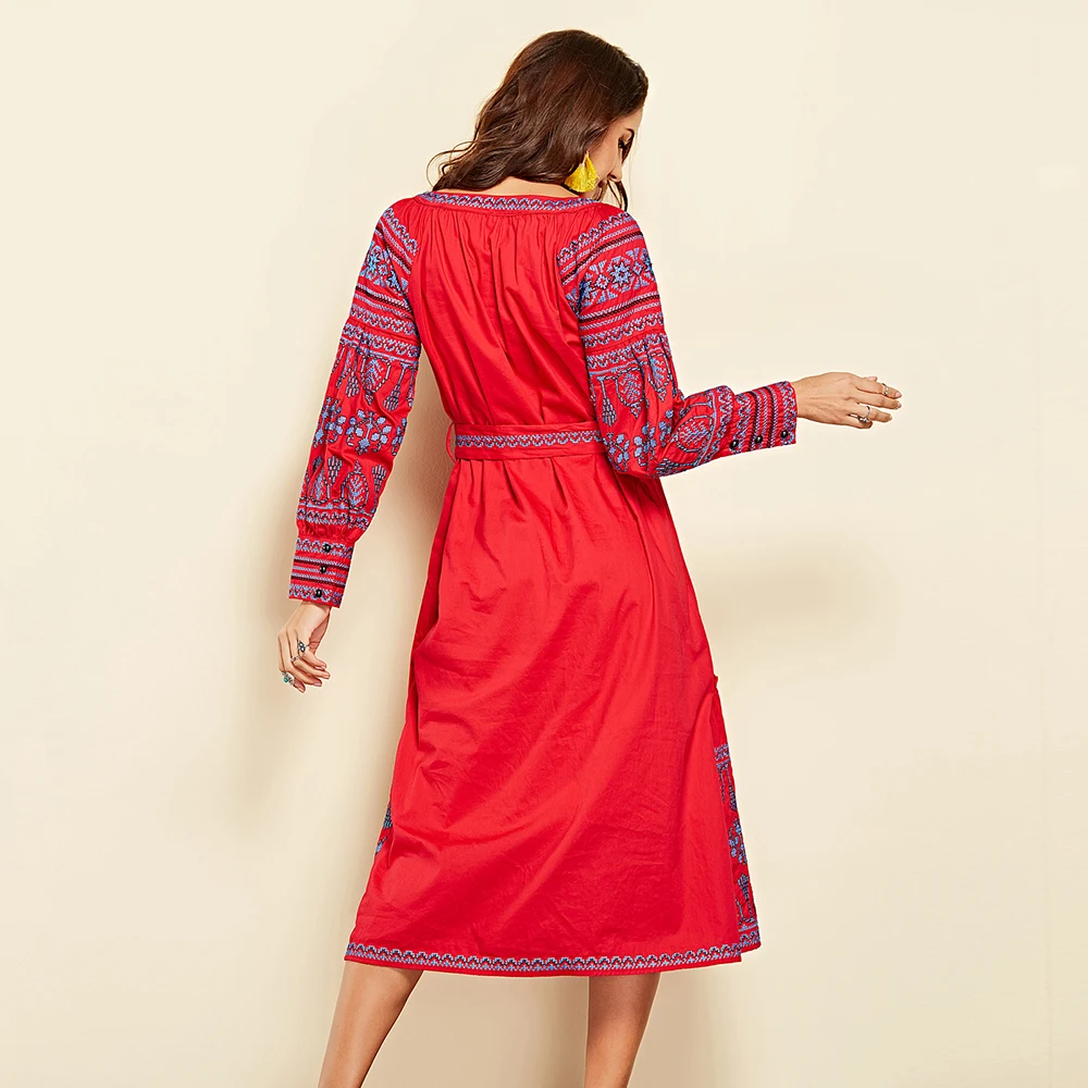 

Luxupious Women Dress Skirt Embroidery Retro Vintage Ladies Elegant Fashion Female Ethnic Style Ruffle Chic Party Bandage Robe