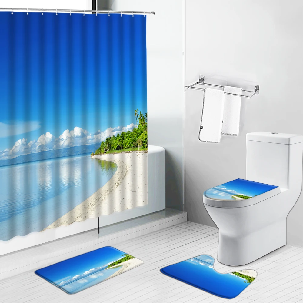 

Ocean Beach Palm Tree Summer Scenery Shower Curtain Set Sea Landscape Bathroom Curtains Anti-skid Rugs Toilet Lid Cover Bath Mat