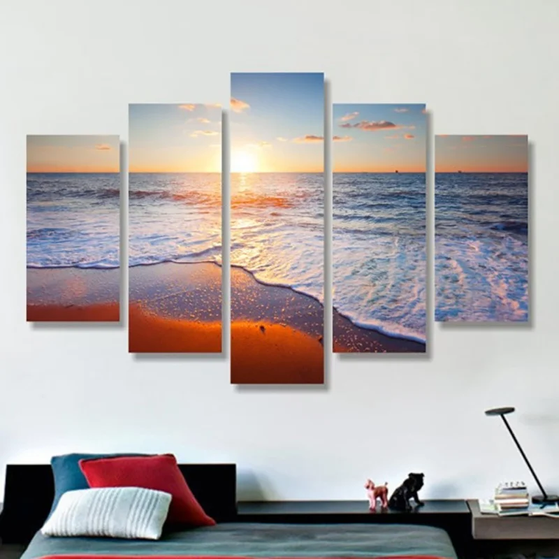 

5 Panels Of Modern Home Decoration Canvas Decoration Painting Sunset Seascape Beach Painting Core 100*50cm Summer new