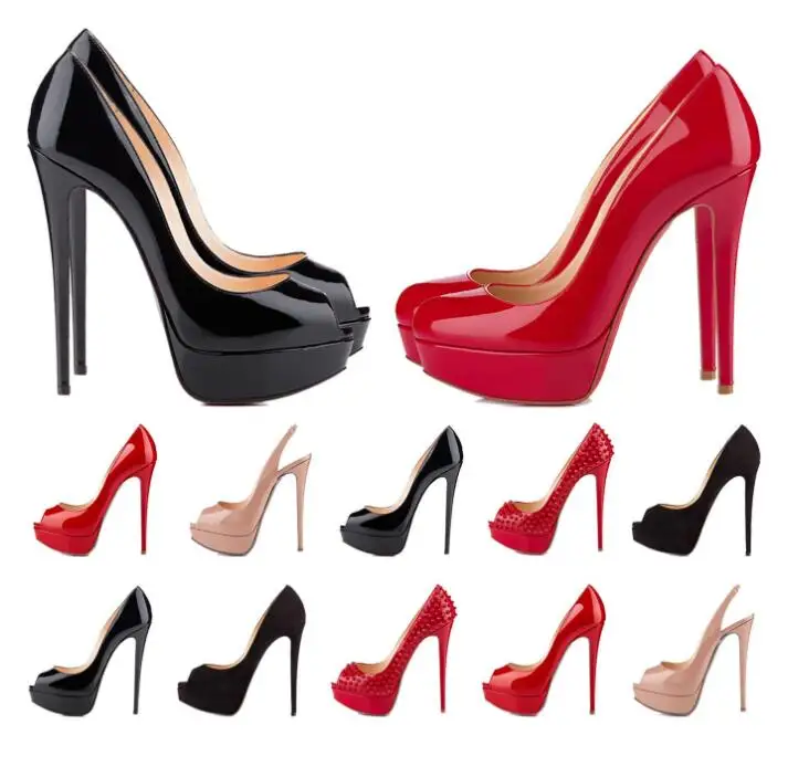 

Classic Brand Red Bottom High Heels Platform Shoe Pumps Nude/Black Patent Leather Peep-toe Women Dress Wedding Sandals Shoes