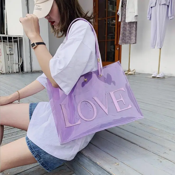 

2021 Letter Transparent Handbag Jelly Shoulder Bag Women's Tote Bag Waterproof Beach Bag PVC Transparent Bag For Women Bag