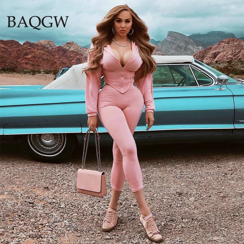 

Модные женские толстовки на молнии, корсет, топ + леггинсы, комплект из двух предметов, облегающий обтягивающий спортивный костюм с длинным ...