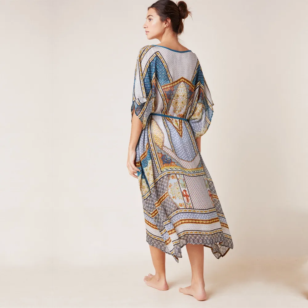 Print Chiffon Beach Cover up Tunics for Long Kaftan Bikini Robe de Plage Sarong Swimsuit coverup #Q874 | Женская одежда