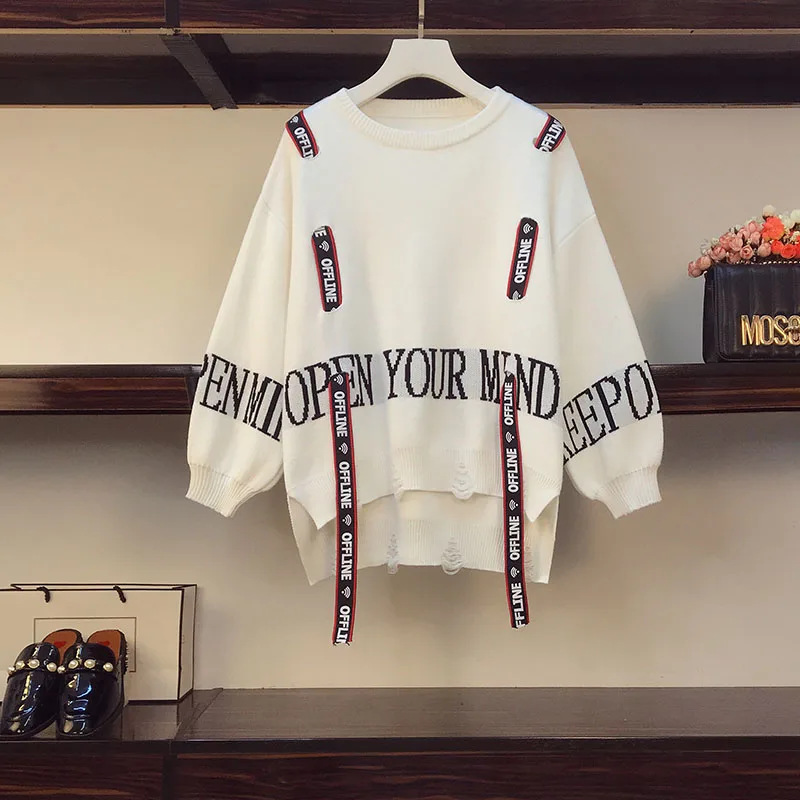 

2020 Women Sweaters Winter Letters Printed Pullovers Loose Sweater O-neck Hole Streetwear Korean Ropa Mujer Jumper Sweter W047