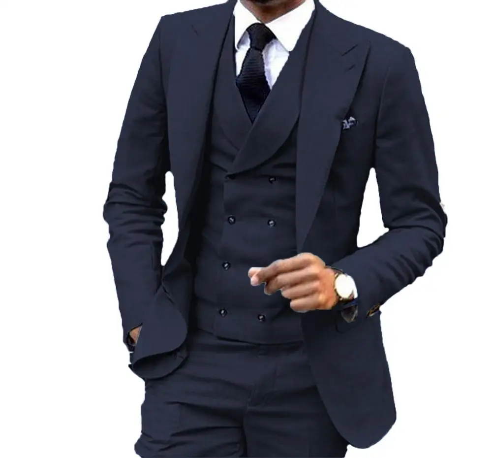 navyblue Мужской двубортный костюм с жилетом, павлин, синий, свадебный смокинг для жениха, мужские костюмы на выпускной, лучшая мужская одежда, Блейзер, костюмы из 3 предметов - Цвет: navyblue