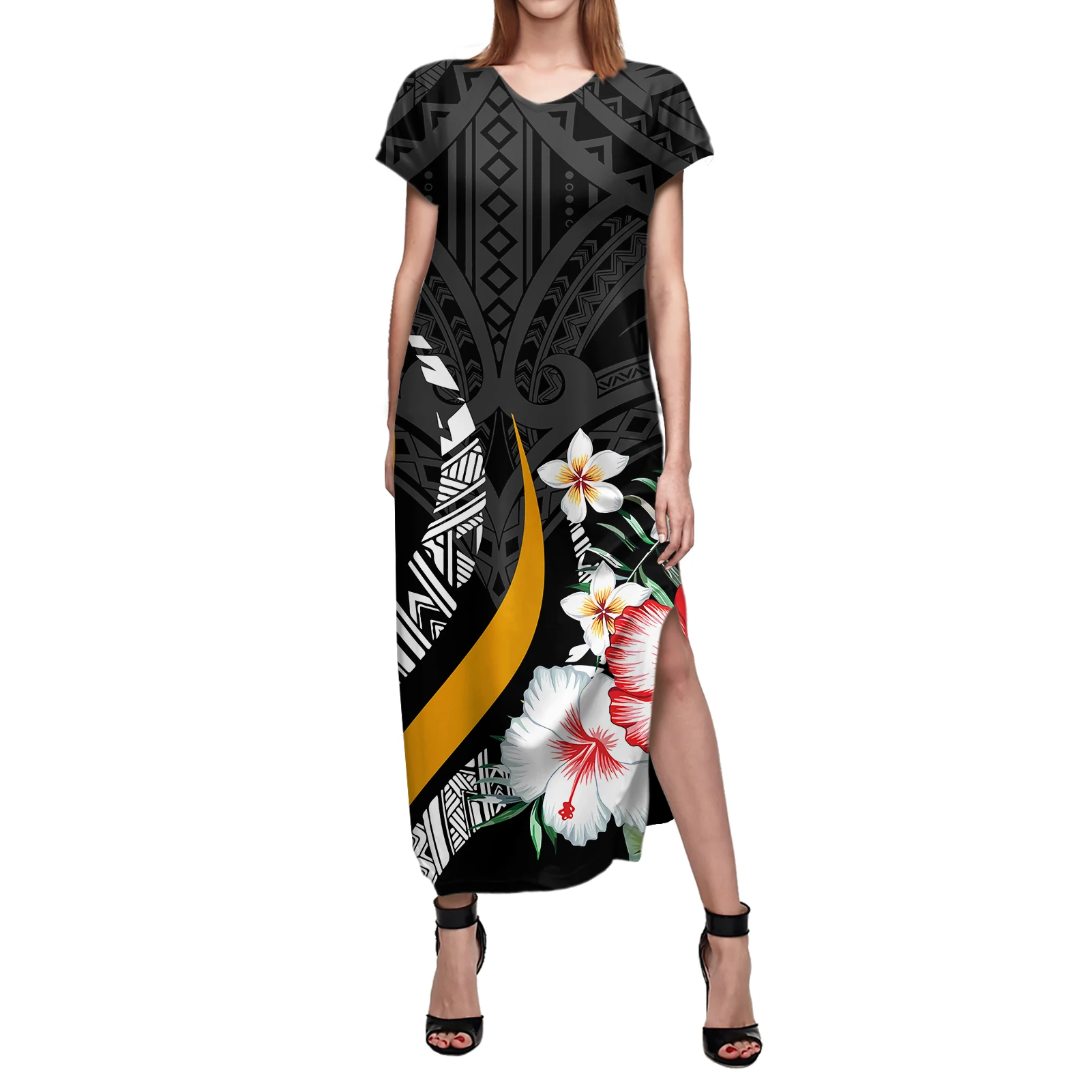 

Polynesian Samoan Tribe Gradient Dress Hawaiian Puletasi Printed Lotus Strapless Long Dress Print Ladies Sexy Summer Dress