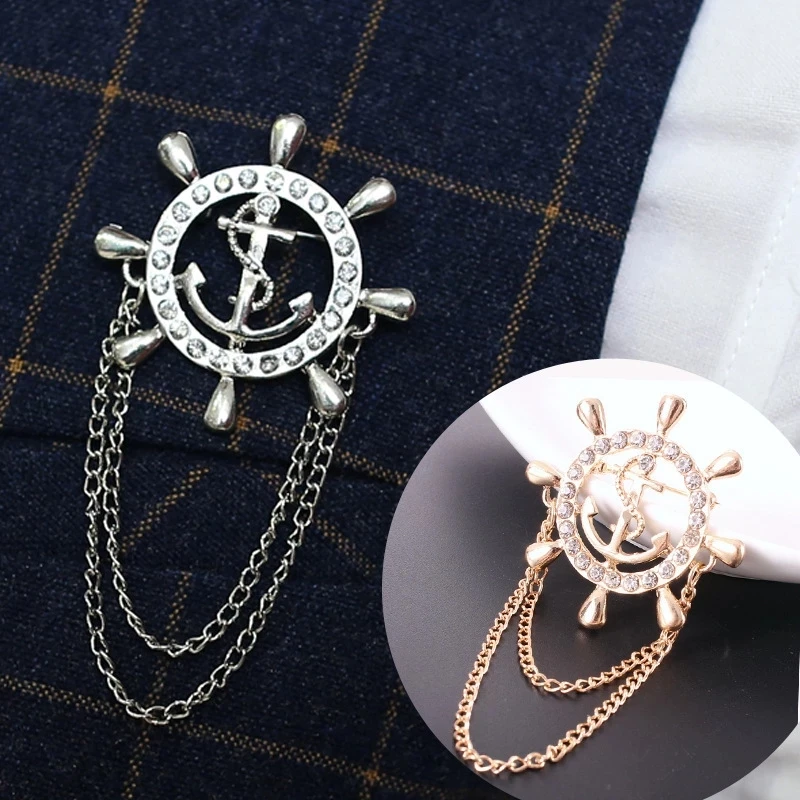 

YPAY 2021 Fashion Navy Anchor Brooch With Zircon Rudder Corsage High-end Men's Suit Accessories
