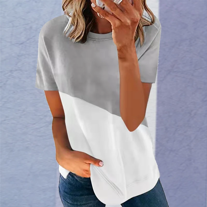 

2021 women's summer new contrast color print round neck short sleeve shirt T - shirt women's casual stitching vintage