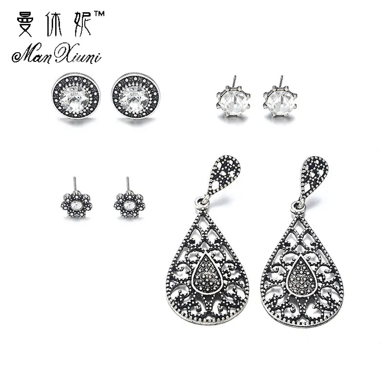 

4 Pairs/Set Antique Silver Color Stud Earrings Set Bohemian Vintage Moon Sun Earrings For Women Birthday Gift Ear Jewelry
