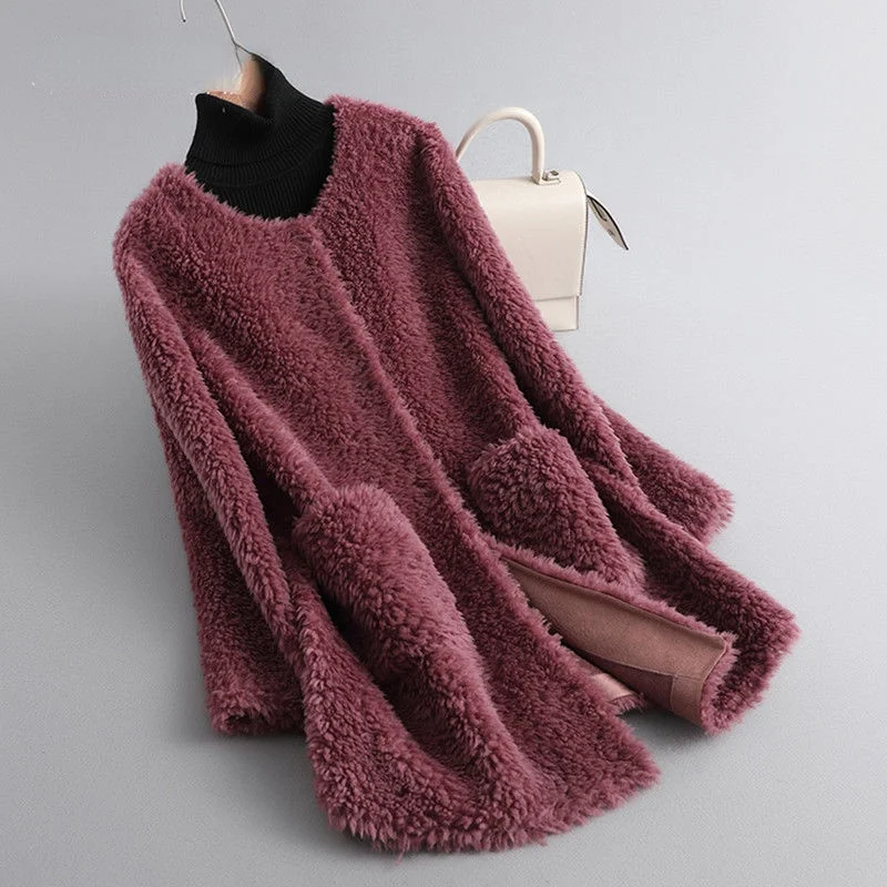 

Women Winter 100% Real Wool Fur Coat Jacket Female Round Neck Sheep Shearing Coats Lady Solid Color Jacket Overcoats X715