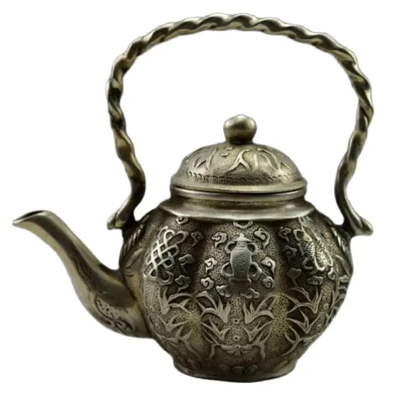 

Old Chinese Handwork Tibet Silver Carved Flower Fish Tea Pot Statues for Decoration Collection Ornaments Home Accessories Kettle