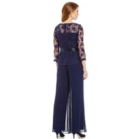 elegant navy blue mother of the bride dresses chiffon pants suits lace top sheer jewel neck ribbon belt 34 long sleeves
