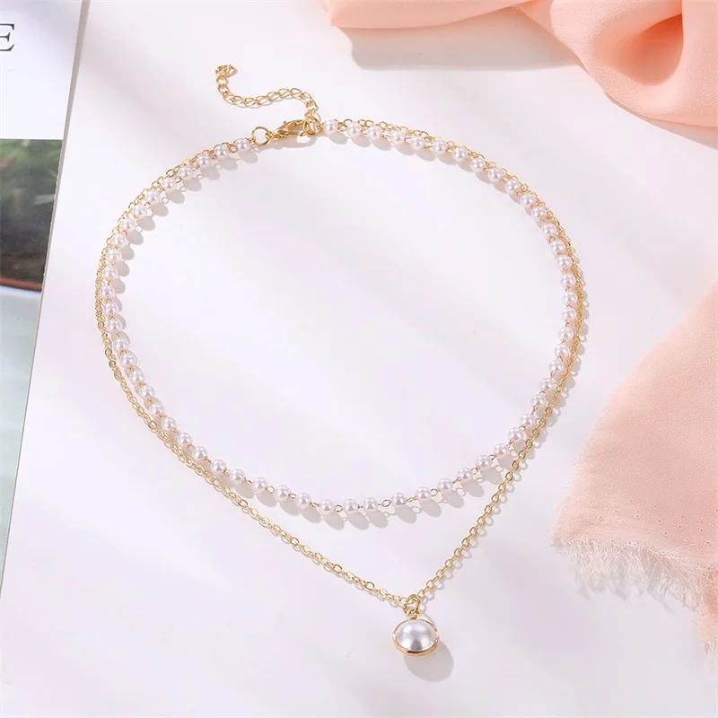 Vienkim 2021 New Double Layer Chain Gold Color Choker Necklace Women Korean Style Pearl Pendant Fashion Jewelry Collar |