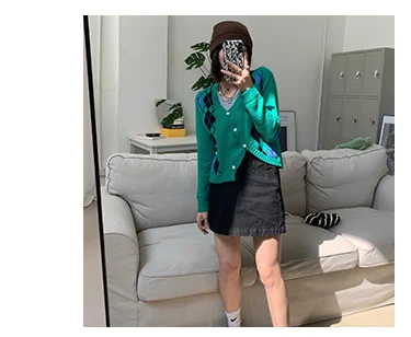 Зеленый ромбовидный вязаный кардиган пальто новый дизайн 2021 короткий