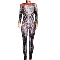 glistening full diamonds women black jumpsuits pole dancing stage wear long sleeve elastic leotard nightclub bar prom costumes