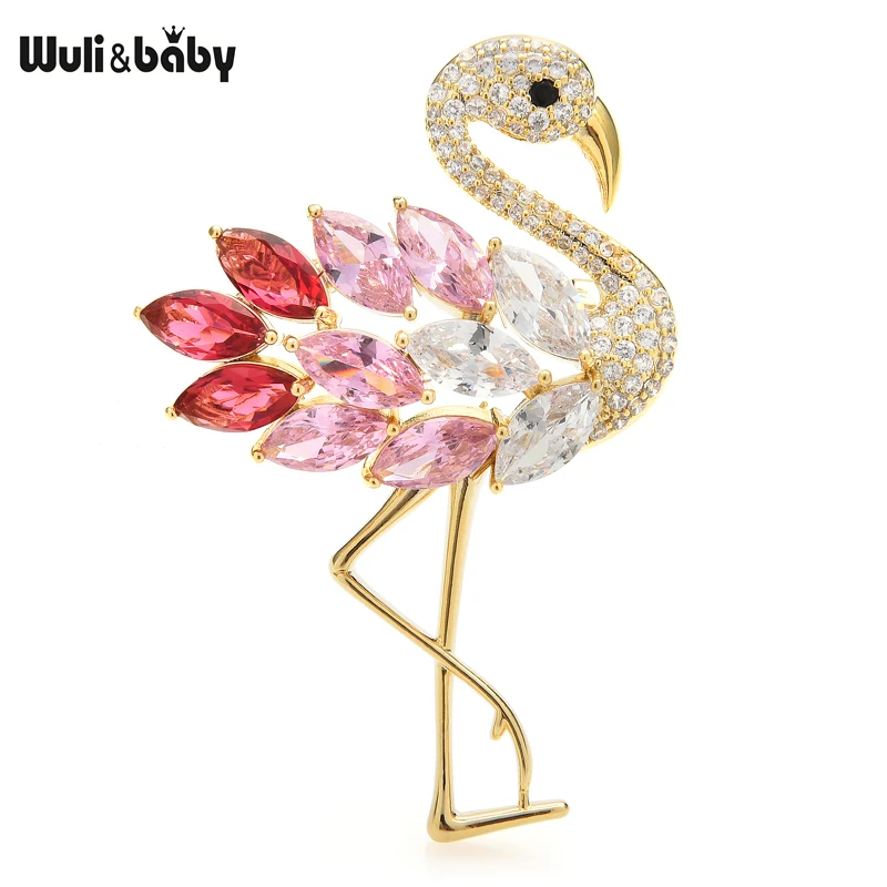 

Wuli&baby Luxury Flamingo Bird Brooches Women Unisex Cubic Zirconia Bird Party Office Brooch Pins Gifts