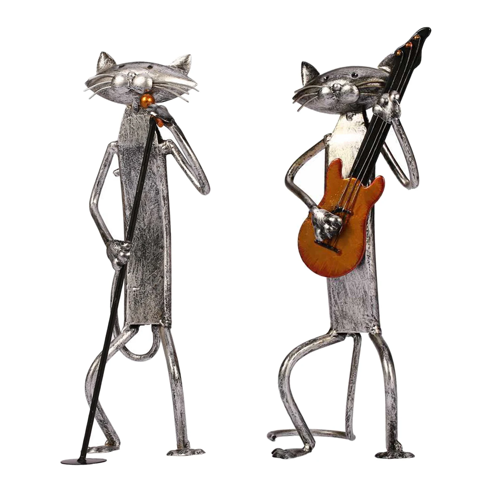 

2 Pieces Playing Instrument Cat Sculpture Metal Statue Iron Crafts