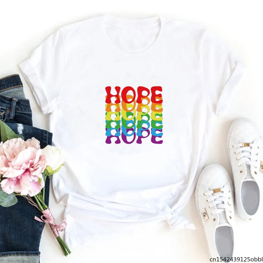 

HOPE Colored Letters Summer Watercolor Painting T Shirt Women O-neck Ladies Femme White Casual