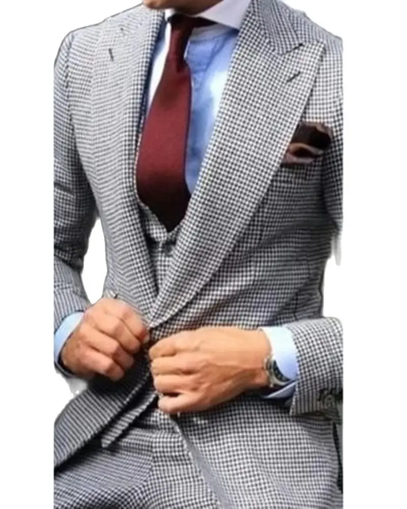 

Latest Designs Houndstooth Notch Lapel Single Button Winter Groom Tuxedos 2 Pieces Wedding Prom Dinner Fashion Slim Fit Wear
