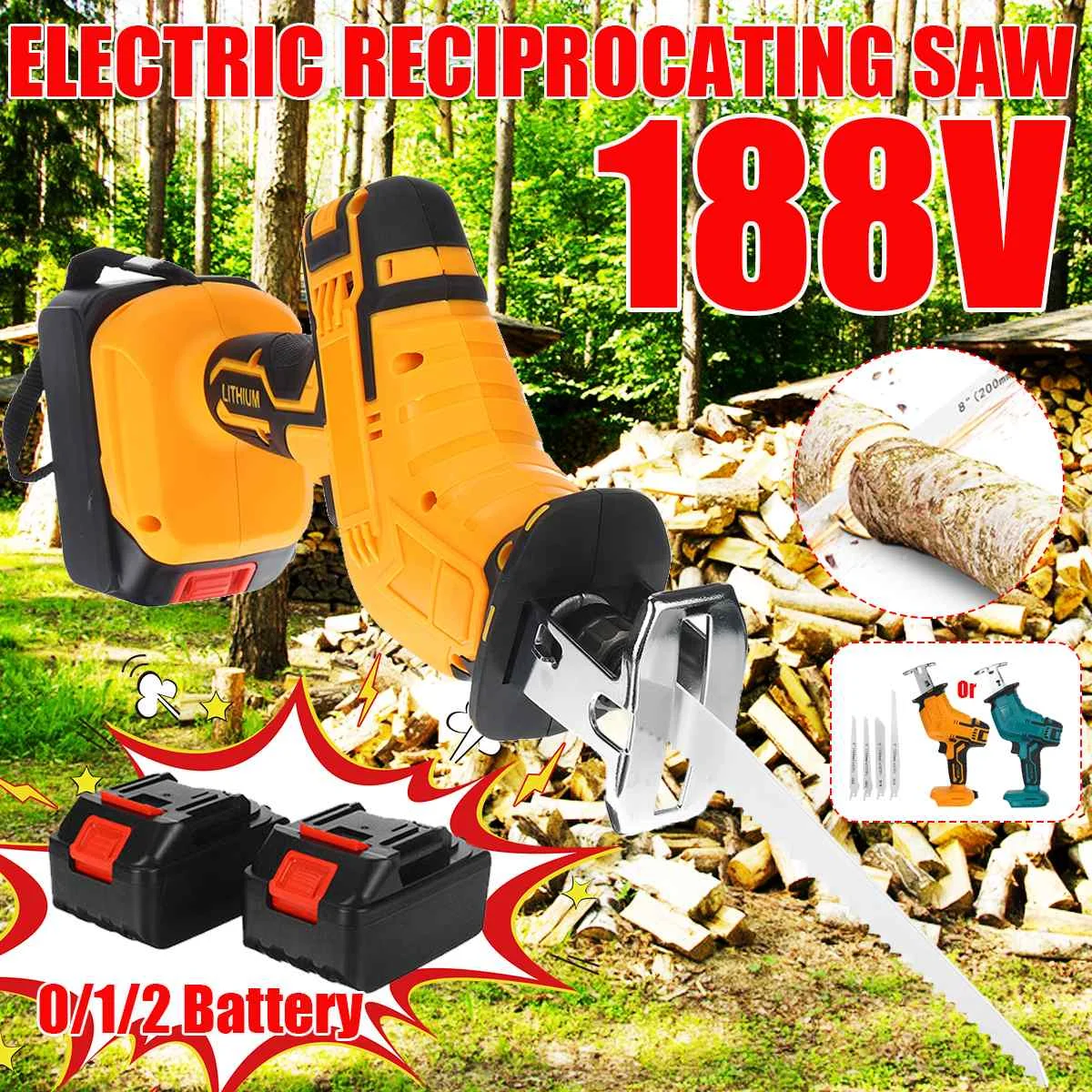 

Беспроводная сабельная пила 188 в, электрическая пила с 4 лезвиями для дерева, металла, цепных пил, электроинструмент для резки с батареей 1/2, С...