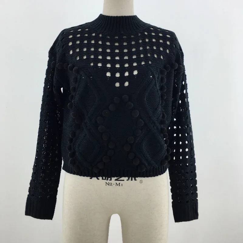 

AIUJXK New Arrival Solid Color Loose Hollow Out Knitter Sweaters Women Fashion Hairball Casual Pullovers Woman Autumn Clothes