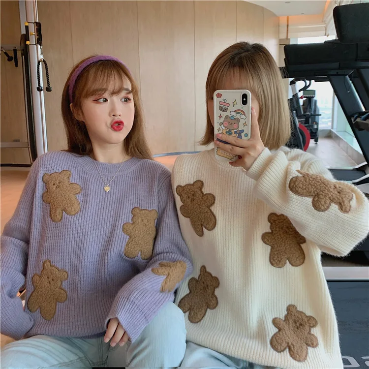 

Cute Bear Print Sweater Women O Neck Pullover Autumn And Winter Loose Knitted Top Long-Sleeved Sweaters Female H237