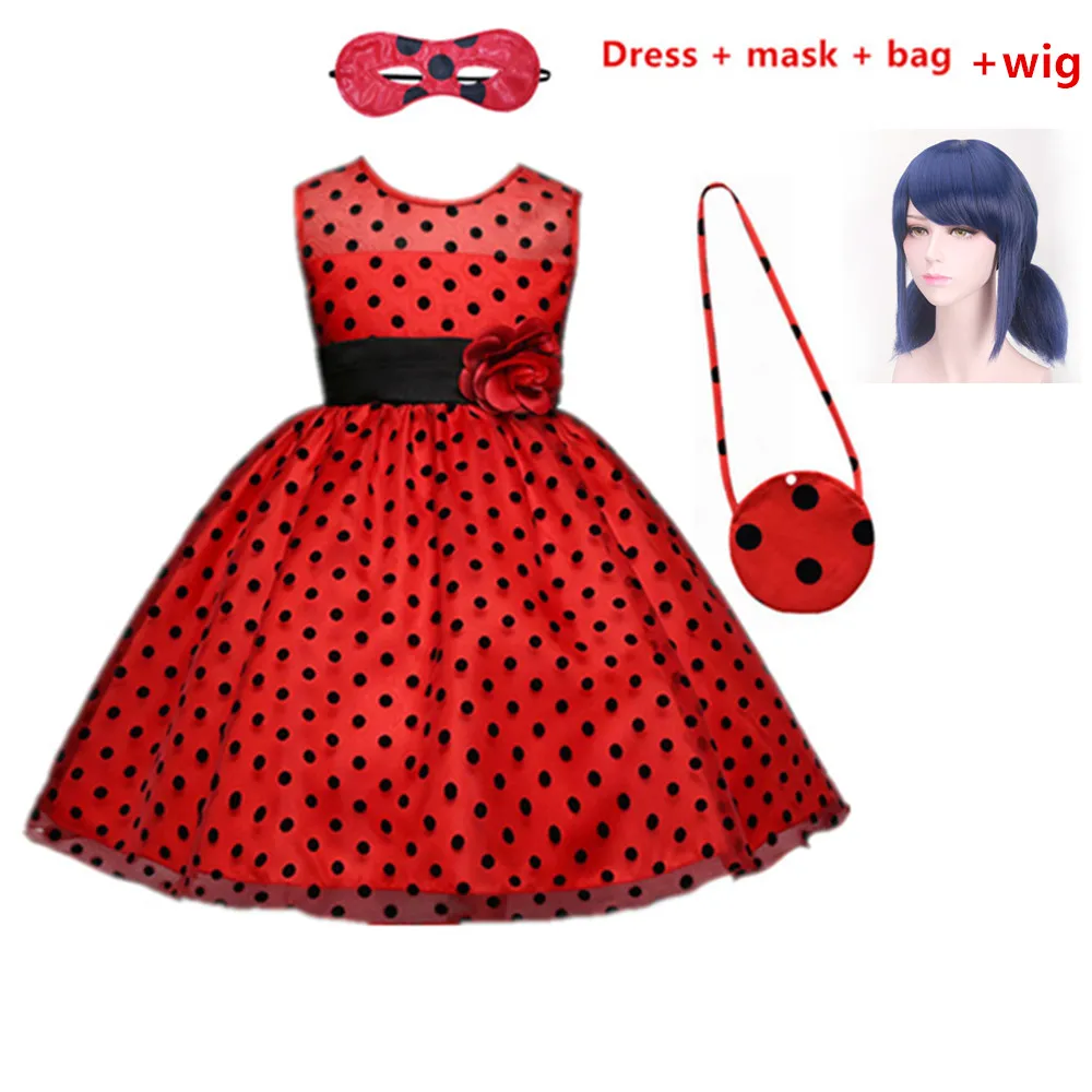 Dress mask bag wig Fantasia Spandex Ladybug Costumes kids dress cosplay Christmas party girls children lady bug Zentai Suit halloween costume wig - Цвет: Dress mask bag wig