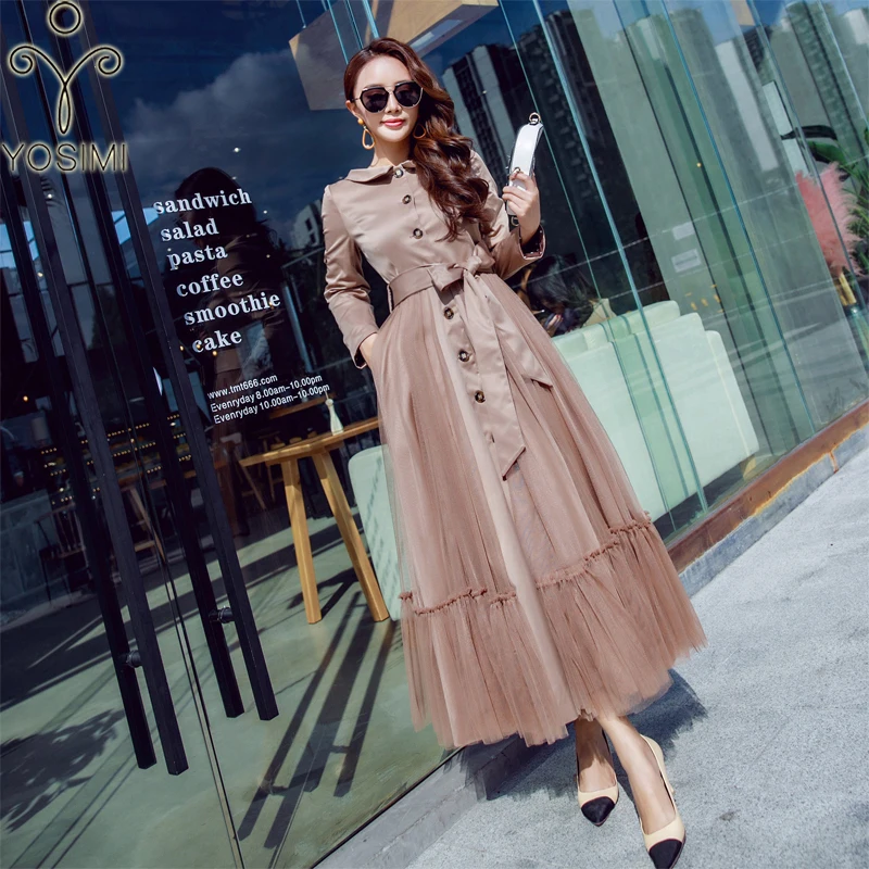 YOSIMI 2019 Autumn Winter Khaki Women Wild Long Trench Coat Outerwear Slim Mesh Clothe with Belt Maxi Female Sashes |