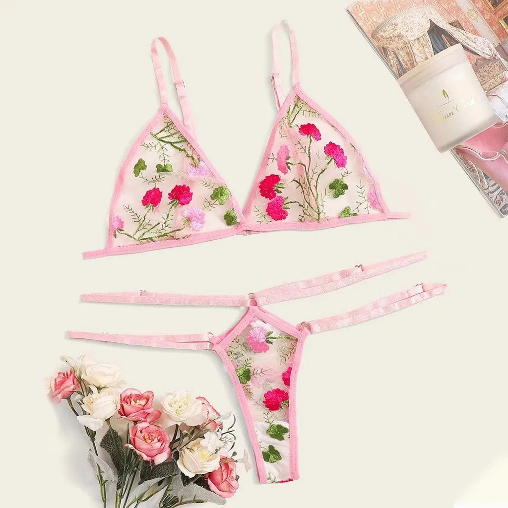 

Комплект сексуального нижнего белья, женское нижнее белье, кружевной бюстгальтер с вышивкой, топы, трусики, подвязки, прозрачное эротическо...