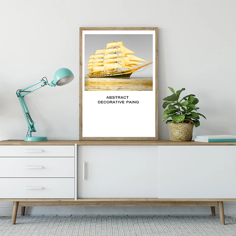 

Golden Sailboat Home Decorative Paintings Living Room Wall Art Posters Bedroom Interior Artistic Decor Pasted Picture Customized