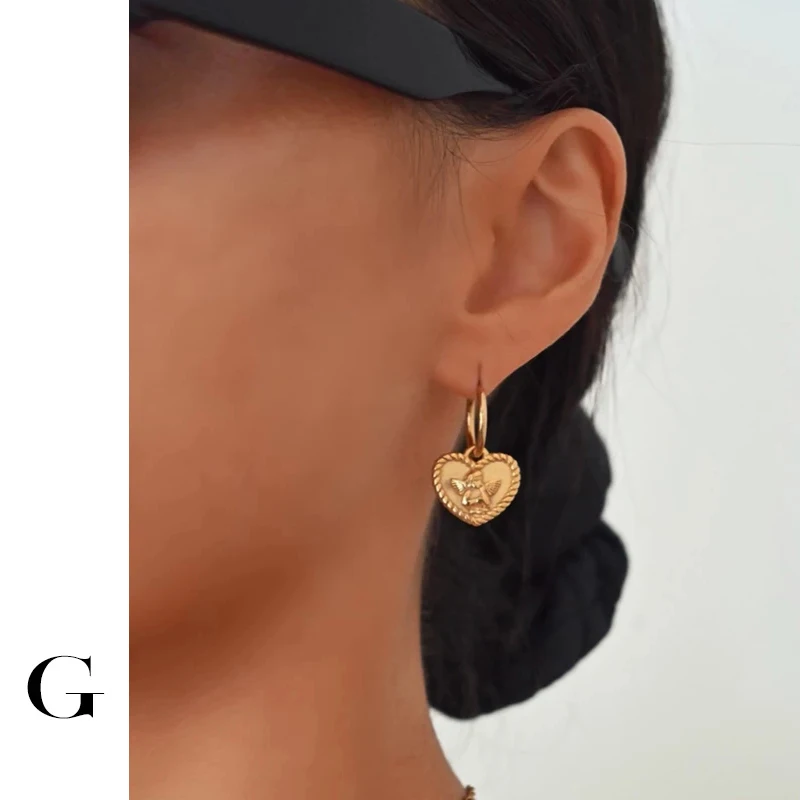 

GHIDBK Vintage Minimalist Stainless Steel Heart Cupid Earring Dangler Female Hoops Gold Color Waterproof High Quality Angel Gift