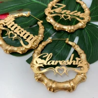 bamboo name earrings with heart hoop nameplate earrings gold jewelry fashion show charming earrings earrings custom gift
