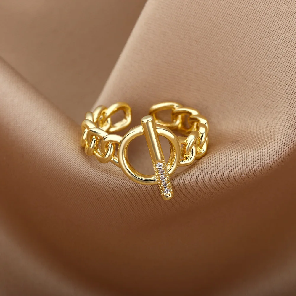 

New Gothic Chain T-Button Rings For Women Stainless Steel Gold Opening Adjustable Finger Ring Hiphop Party Jewelry Accessories