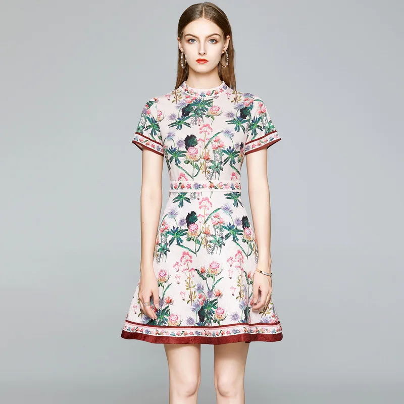 Summer Fashion Stand Up Collar Short Sleeve Dress Office Lady Printed Flower Jacquard A-Line Elegant Above Knee Mini Dress