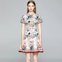 summer fashion stand up collar short sleeve dress office lady printed flower jacquard a line elegant above knee mini dress