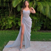 sevintage silver mermaid evening dresses draped high split prom gowns fitthed bones women party formal dress occasion gown 2022