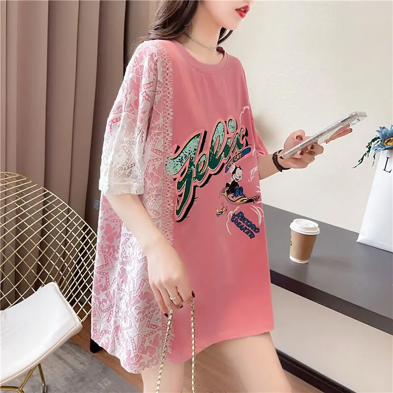 

Mid-Length Short-Sleeved T-Shirt Women New Summer Korean Version Ins Loose Large Size Lace Top Women