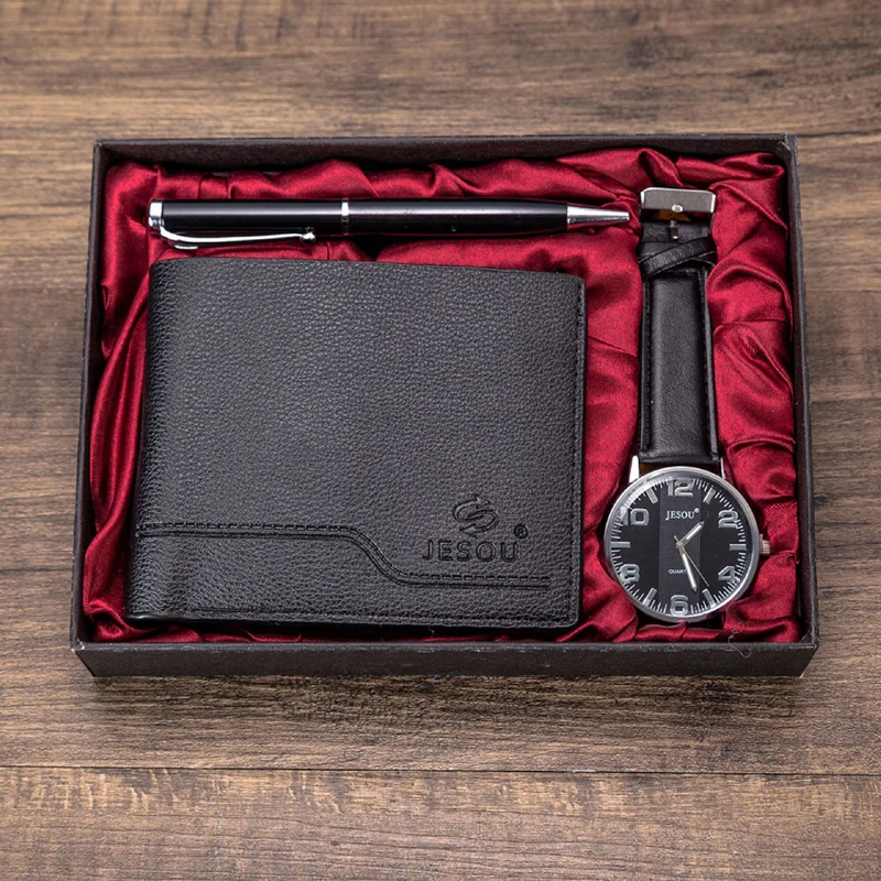 Мужские часы в комплекте стальные/кожаные кварцевые наручные складной кошелек