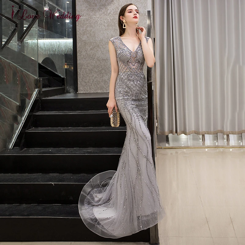 

Fashion Luxury Sparkling Beaded Evening Dresses for Womem Wedding Silver Gray Celebrity Formal Party Gowns 2021 robe de soiree