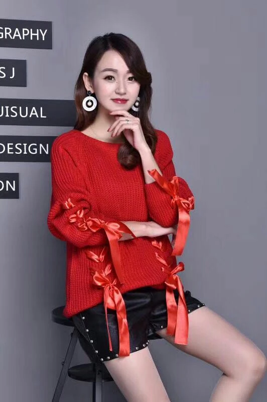 Осенние Японские Женские свитера на шнуровке с лентами модная Милая вязаная