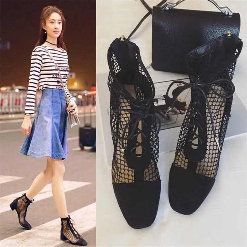 

Thick heel boots for women summer new web celebrity sexy street shot net boots for women ankle boots