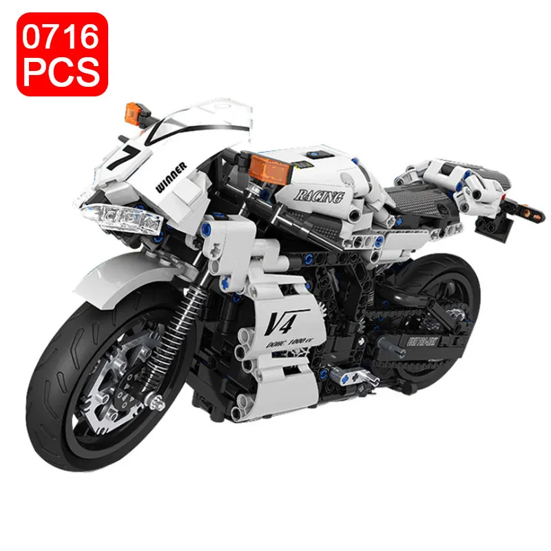 

716PCS High-tech Motorbike Series Winner 7047 White Racing Motorcycle Building Blocks Moto Model Educational Bricks Kids Toys