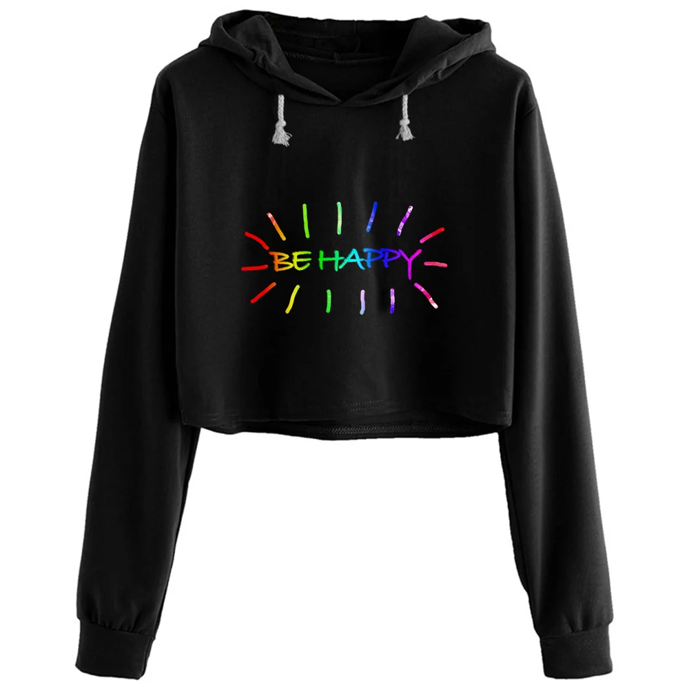 

Be Happy Crop Hoodies Women Emo Aesthetic Kpop Korean Pullover For Girls
