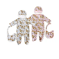 new fashion high quality newborn baby clothes cotton long sleeved printed lovely bear boy girl romper hat and bib sets