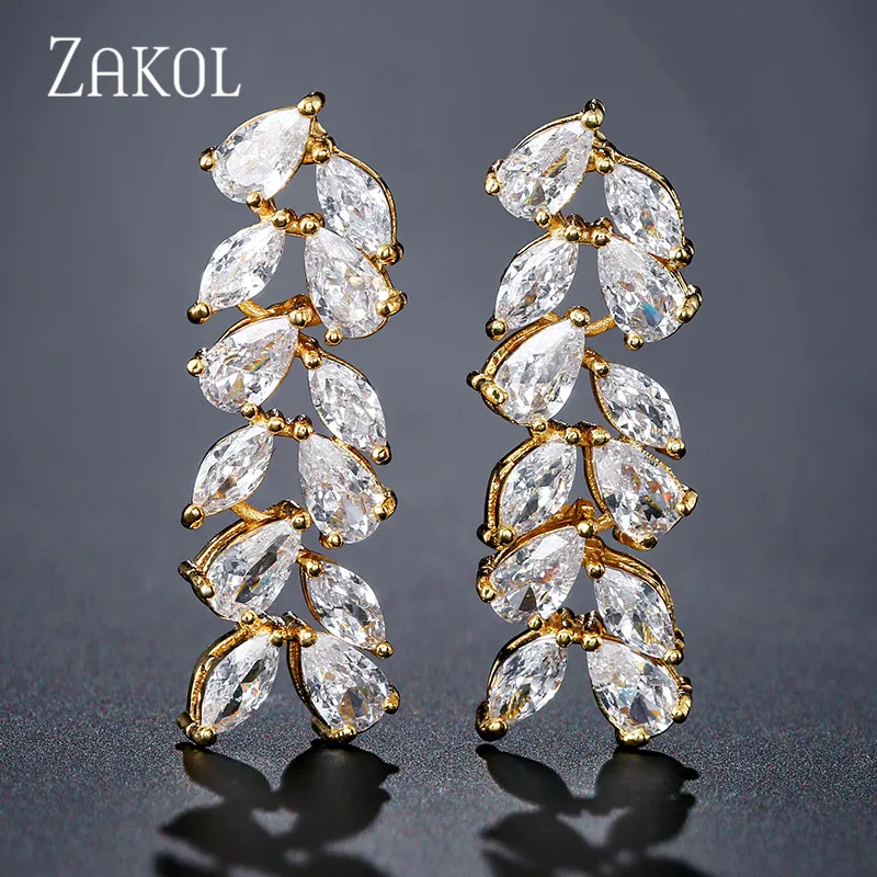 ZAKOL блестящие кубические циркониевые листья Длинные элегантные свадебные