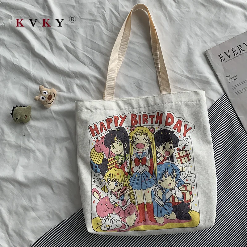 

2020 Women Canvas Cartoon Print Tote Bags Eco Reusable Shopping Bags with Zipper Shoulder Bag Girls Casual Handbag Beach Bags