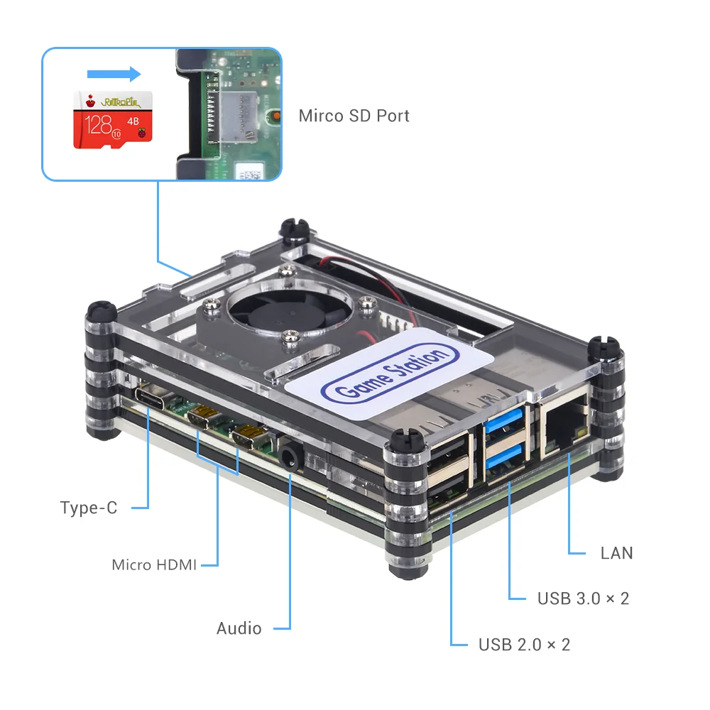 Verkauf Retropie Emulation Station Spiel Station - Raspberry Pi 4B 4G Ram Version 128G 10000 + Spiele Vorinstalliert Mit 2 USB Gamepads